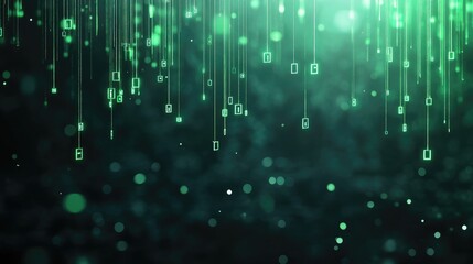 Abstract digital art with cascading binary code, teal and green tones.  Bokeh effect