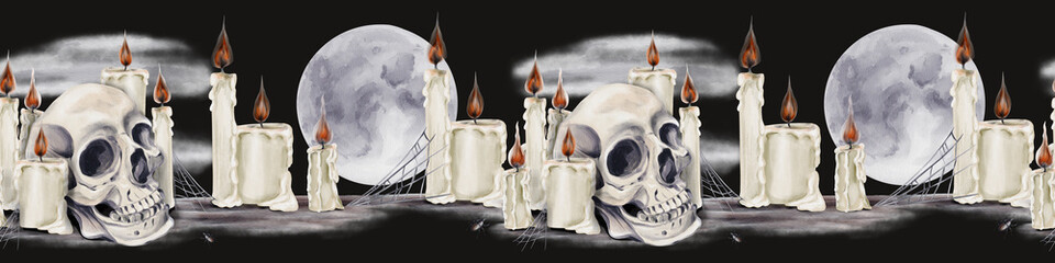 Seamless border with skulls and candles. Magic ritual. Full moon. Candles are intertwined with a web. Bugs are crawling on the ground. Watercolor illustration. Hand drawing.