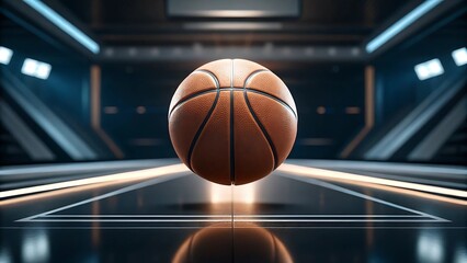 basketball background for ads concept A basketball hovers in a modern, illuminated arena setting.