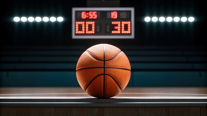 basketball background for ads concept Basketball on court with a scoreboard showing time and score, highlighting game action and competition.