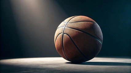 Obraz premium basketball background for ads concept A basketball illuminated in a dramatic spotlight against a dark background.
