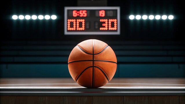 basketball background for ads concept Basketball on court with a scoreboard showing time and score, highlighting game action and competition. - Powered by Adobe