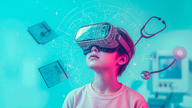 Student using vr headset for learning illustrated in 3D illustration with focus on healthcare and medicine theme. Ideal for marketing, editorial, or educational uses.