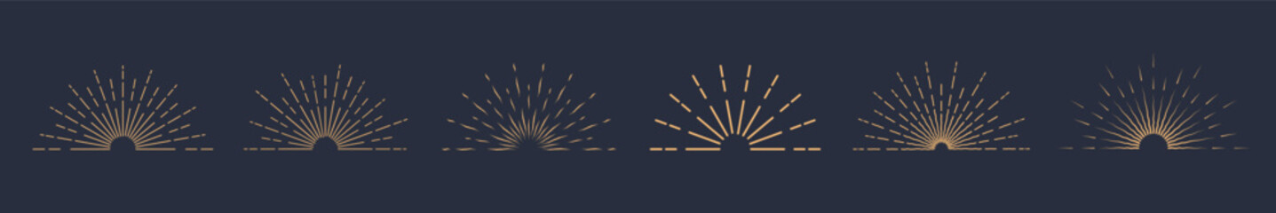 A set of sunbursts and sunsets on a dark blue background. Sunset and sun rays in vintage style. A collection of starbursts, fireworks, logos. Vector EPS 10.