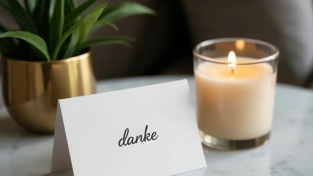danke card on table with candle and plant