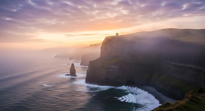 Dramatic cliffs of moher sunset with misty coastline