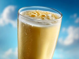 Refreshing Mango Smoothie in Glass with Bubbles on Sky Background