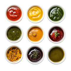 Variety of Colorful Sauces in Small Bowls on white background,png