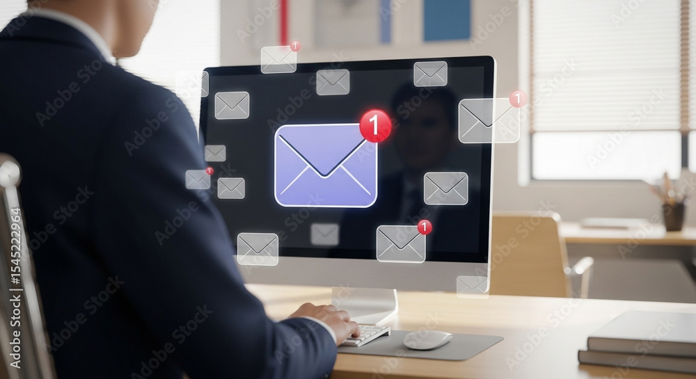 Poster Man viewing email notifications on a computer screen in an office environment with natural light