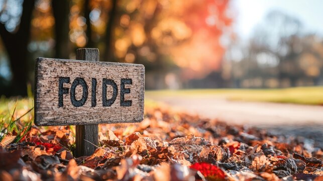 A stone sign with the word 'FOIDE' on it, surrounded by autumn leaves, in a park with a blurred background of trees and a blue sky.