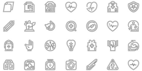 Set of health care and medical icons in line style with outline, collection of icons designed for use and home care services.