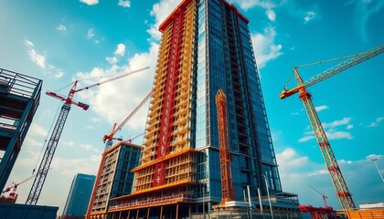 Construction site with skyscraper under construction, cranes, and equipment,  modern,   progress