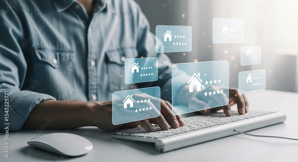 Poster person typing on keyboard with floating house icons and star ratings in a bright office setting