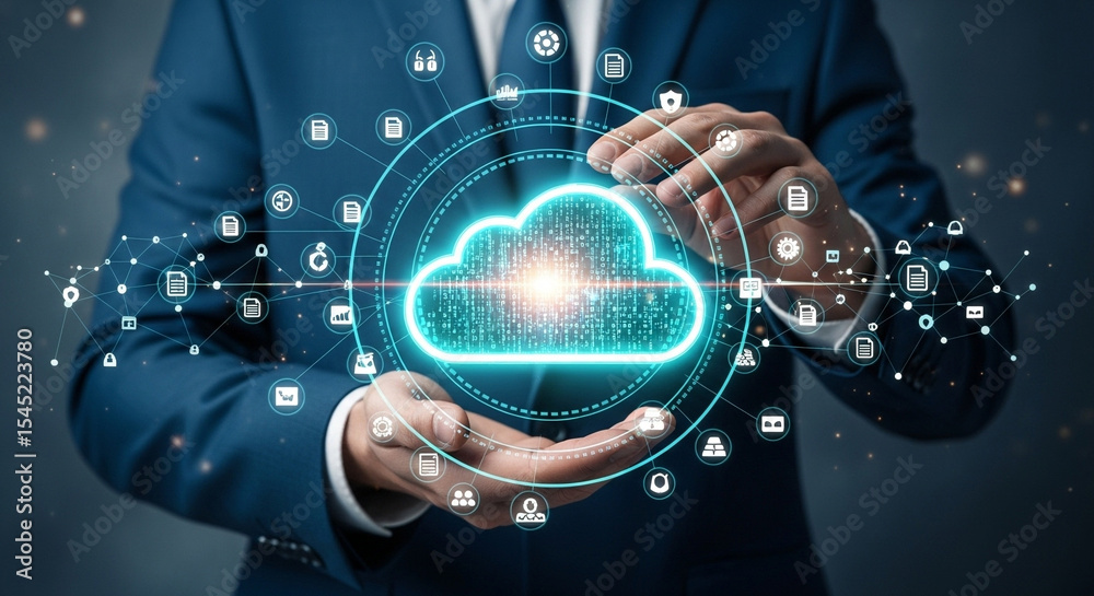 Aufkleber Man in suit holding a glowing cloud with floating icons representing cloud computing and data storage
