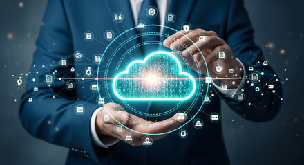 Man in suit holding a glowing cloud with floating icons representing cloud computing and data storage