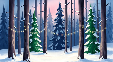 Obraz premium Enchanting Winter Forest at Twilight with Magical Fairy Lights - Watercolor Illustration