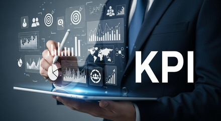 Man in suit interacting with digital kpi interface on tablet showing business data analysis charts