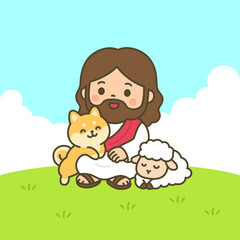 Cartoon Jesus with Dog and Lamb on Grass Field with Blue Sky and Clouds