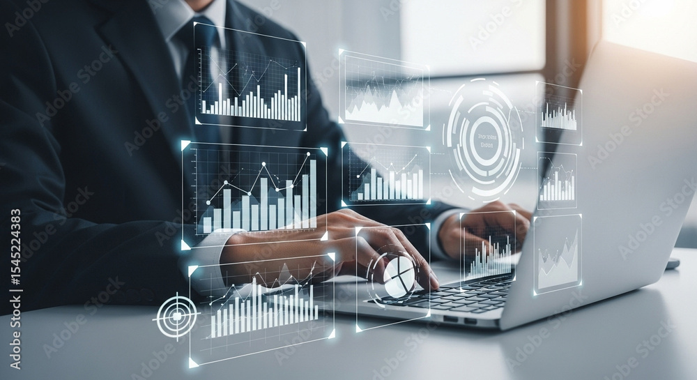 Poster A person in a suit using a laptop with data visualizations and graphs overlaid on the screen and desk