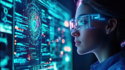 Obraz premium Woman with futuristic ar glasses analyzing data on large screen