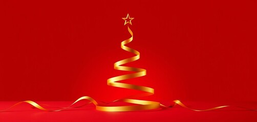 Golden ribbon shaped as Christmas tree on red background, minimal design,  backdrop,  red