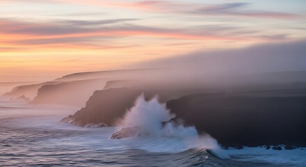Dramatic sunset waves crashing against misty cliffs