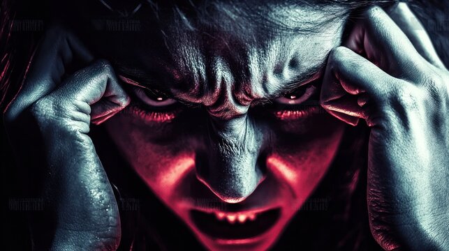 A man with dark hair and a beard, wearing a black shirt, is holding his head in his hands, with a red light shining on his face,