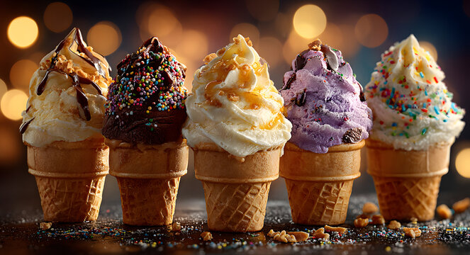Celebration of national ice cream day with delicious ice creams and toppings
