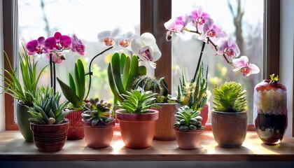 potted succulents and orchids on a windowsill