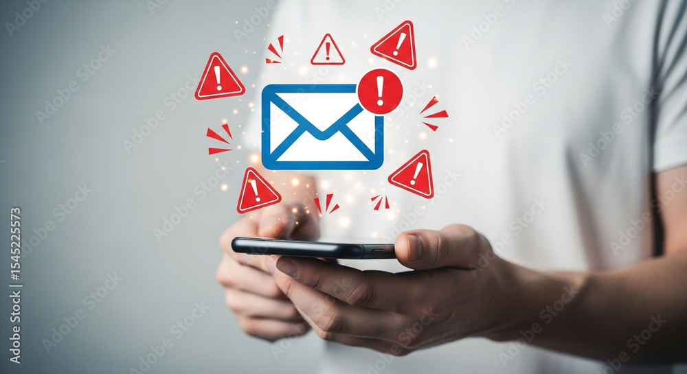 Poster person holding phone with email notification and warning signs floating around the screen alert conc