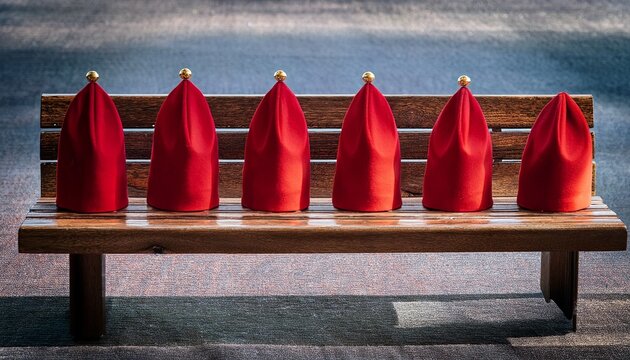 row of red birettas cardinals hats on oak bench symbolizing patience and expectation during papal conclave