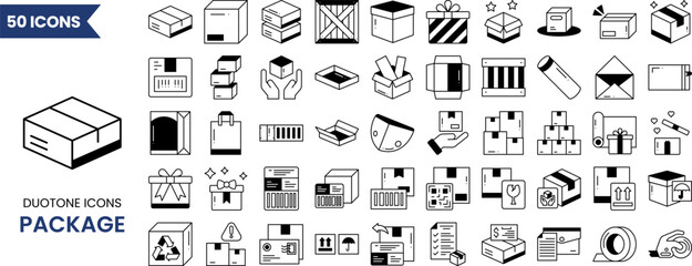 Package icon set in duotone style. Containing open and closed box, delivery box, container, storage, good packing, fragile, wrapped, offer, merchandise, surprise, and more. Vector illustration