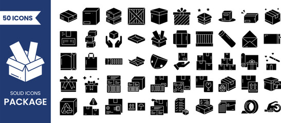 Package icon set in solid style. Containing open and closed box, delivery box, container, storage, good packing, fragile, wrapped, offer, merchandise, surprise, and more. Vector illustration