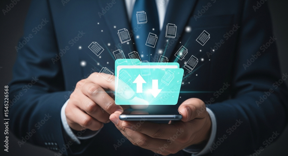 Aufkleber Man in suit holding smartphone with file transfer folder and document icons floating above it