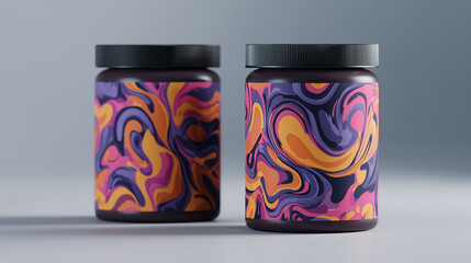 Fototapeta premium Purple, Orange, and Pink Wave Label on Brown Jars with Light Grey Background
