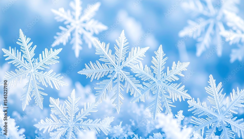 Poster delicate snowflake closeup against blurred background.