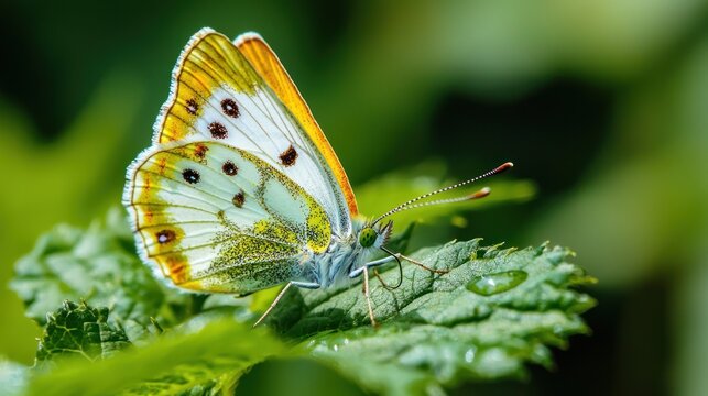 A white butterfly with orange and yellow wings perched on a green leaf with water droplets, set against a blurred green background.