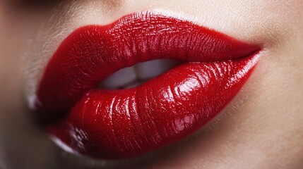 Obraz premium A woman's red lips with glossy lipstick, close-up, with a blurred background.