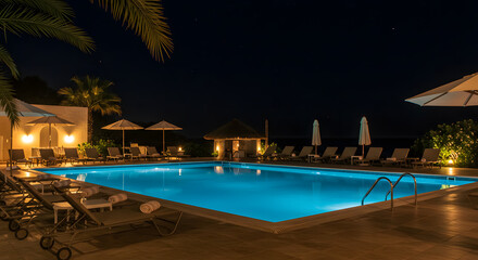 swimming pool at night in lux hotel