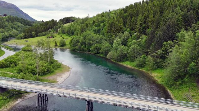 Aerial view of the river Eira near its source in the large lake Eikesdalsvatnet