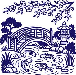 Japanese garden with koi fish and bridge in line art style