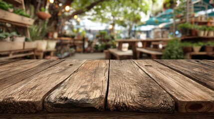 Stunning photo of rustic Wooden Surface Ready for Product Placement in Outdoor Gathering Setting.