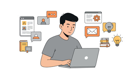 Young man working on laptop surrounded by communication and learning icons