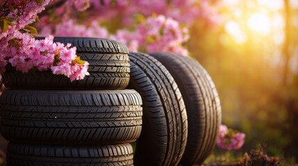 Obraz premium Stunning photo of summer car tires in the blooming spring in the sun, time for summer tires.