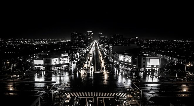 Fototapeta Rainy night cityscape long exposure black and white photography