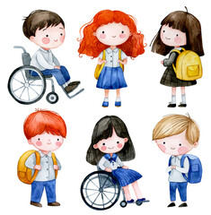 watercolor illustration, cute schoolchildren. back to school, diversity