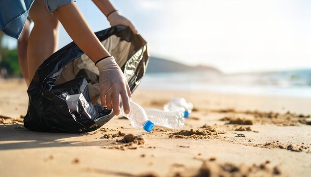 Person Picking Up Trash on Beach