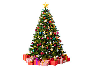 Decorated christmas tree with presents isolated on transparent background