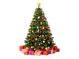 Decorated christmas tree with presents isolated on transparent background