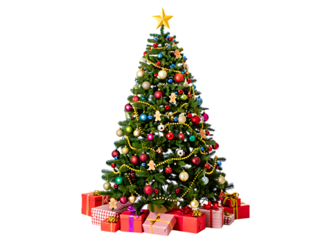 Decorated christmas tree with presents isolated on transparent background